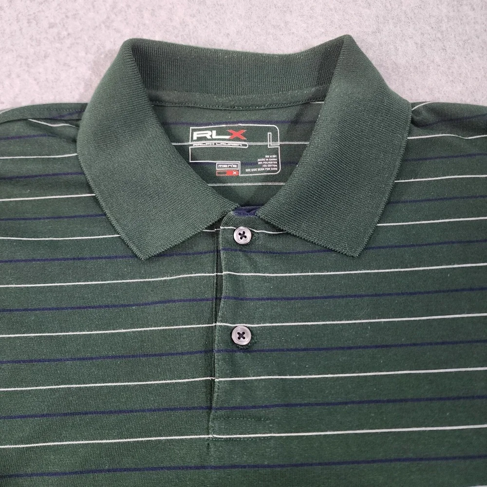 RLX Ralph Lauren Golf Polo Mens Large Green White Blue Striped Performance Shirt